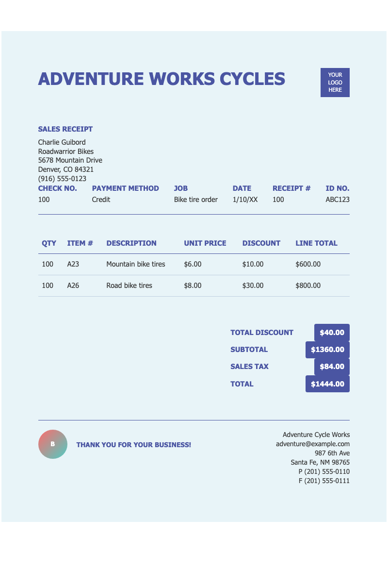 Business sales receipt - Professional retail receipt template with blue accents, itemized product table, tax breakdown, and business contact details.
